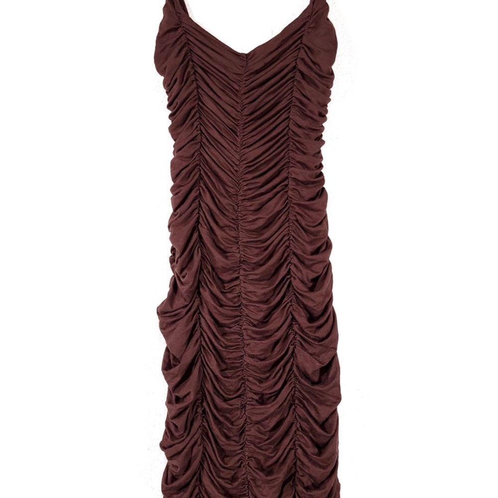 MICHAEL COSTELLO Freya Midi Dress Ruched Bodycon Chocolate Brown Y2k Clean Girl - Picture 4 of 10